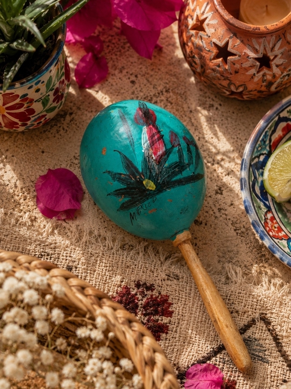 4/$15 Hand-Painted Teal Wooden Maraca Home Accents Handmade In Mexico Boho Decor